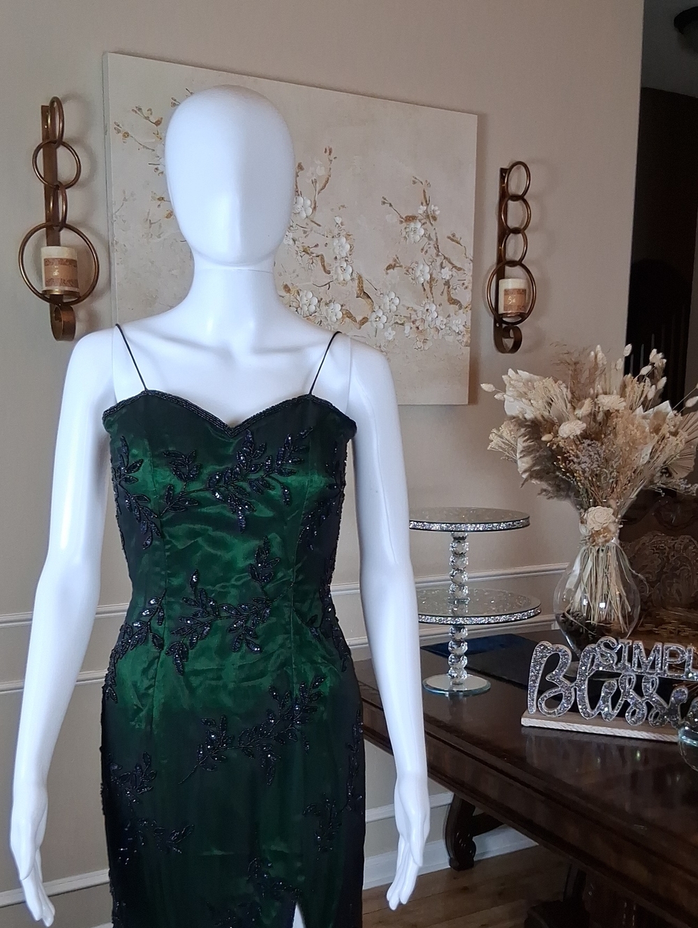 Women's Emerald Green Beaded Spaghetti-Strap Floor Length Evening Gown Size S - Picture 4 of 16